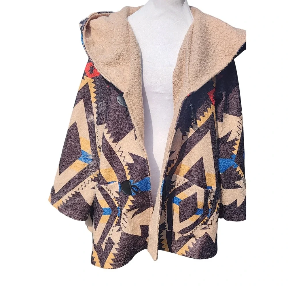 Vintage Indigo Thread Co Aztec Hooded Toggle Coat Sized L Sherpa Lined Rustic
